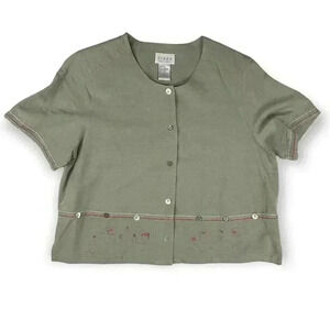 VTG Koret Petites Women's‎ Gray Green Top Sz 14 Embroidered Buttons